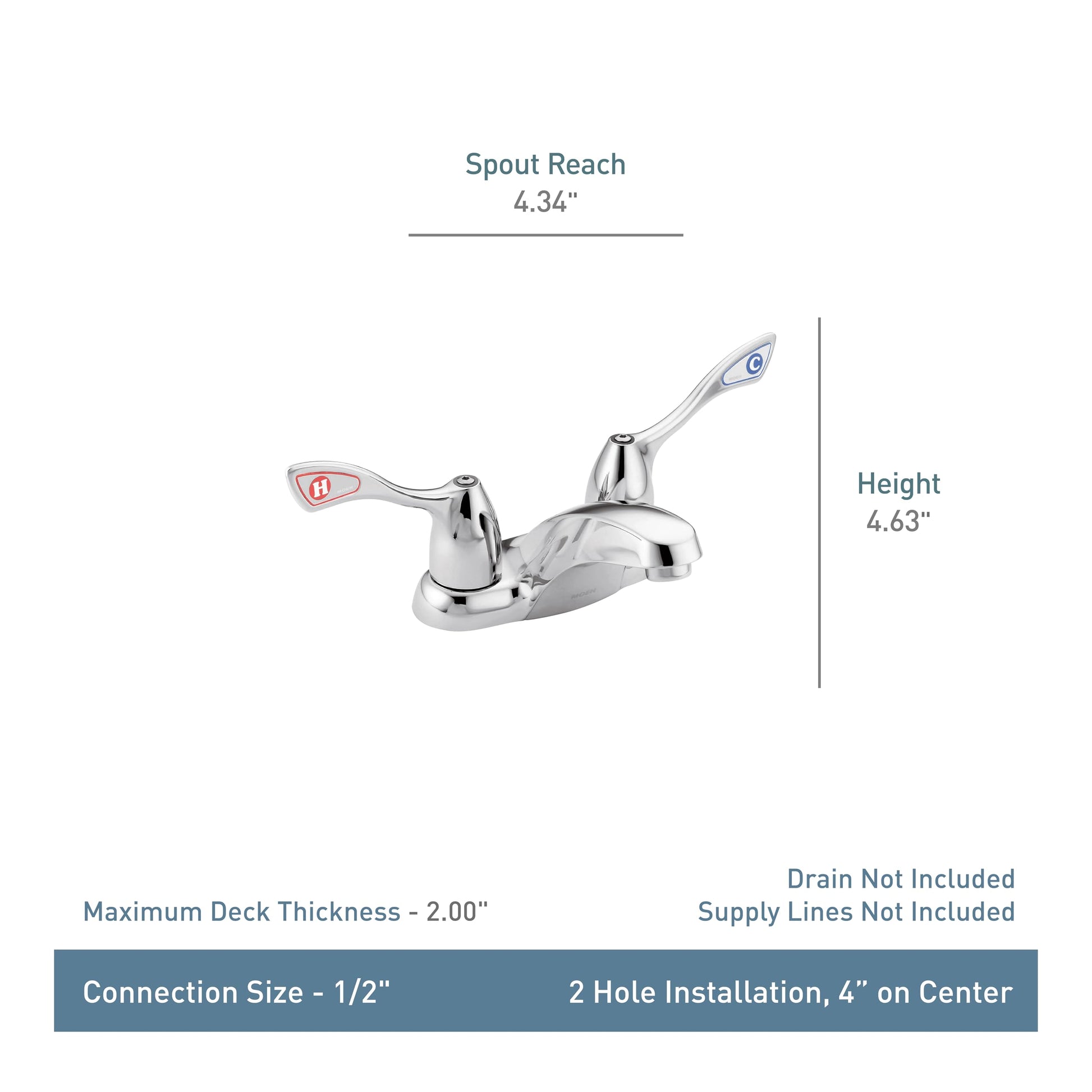 Chrome two-handle centerset bathroom faucet with curved spout and lever handles, 4.63 inches tall.