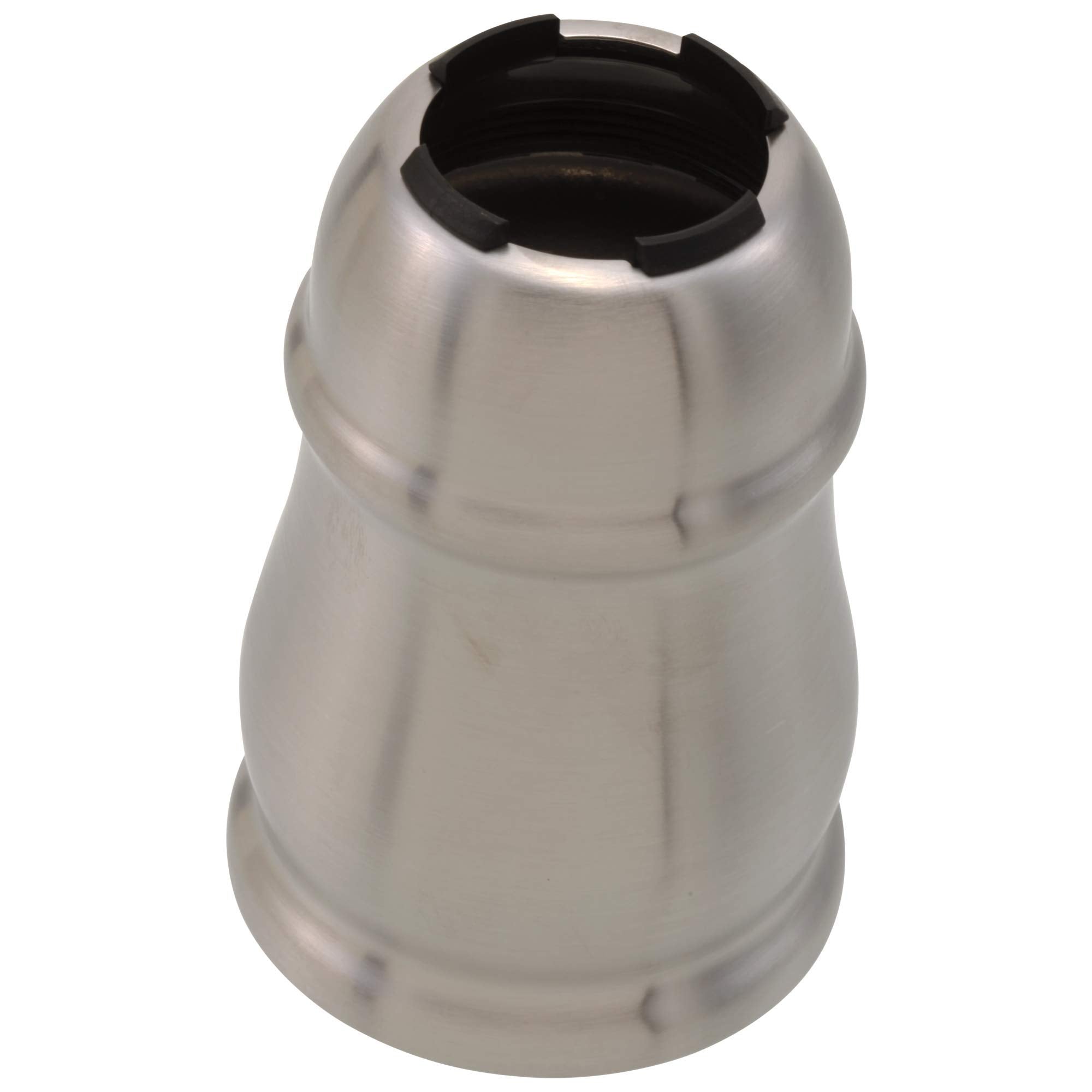 Stainless steel valve sleeve assembly with tapered body and open top featuring black internal ring.