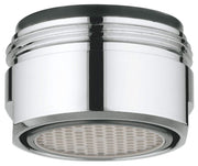 Chrome faucet aerator with cylindrical body and perforated screen insert at base.