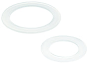 Two clear rubber oval seals with hollow centers, shown at different angles.