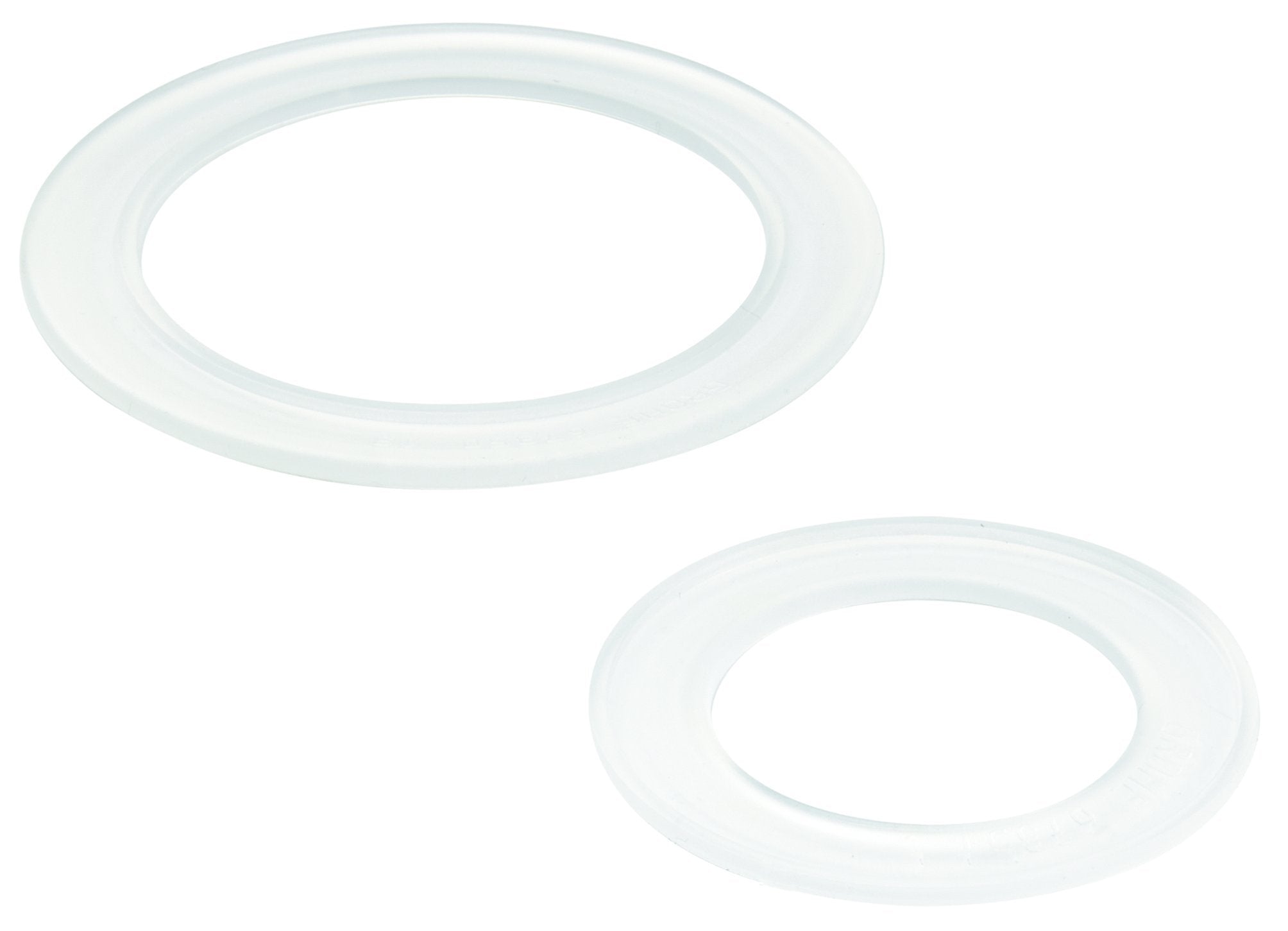 Two clear rubber oval seals with hollow centers, shown at different angles.