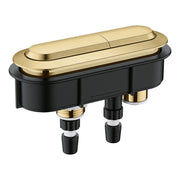 Grohe Essence dual flush actuator with brushed gold finish and black base mounting plate.