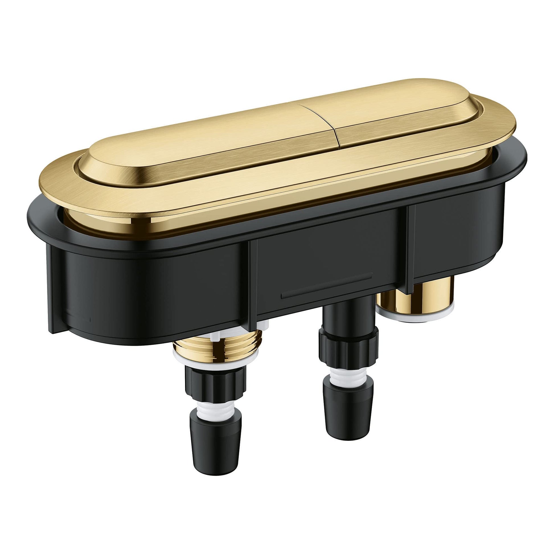 Grohe Essence dual flush actuator with brushed gold finish and black base mounting plate.