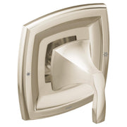 Polished nickel shower valve trim with curved square escutcheon plate and single lever handle.