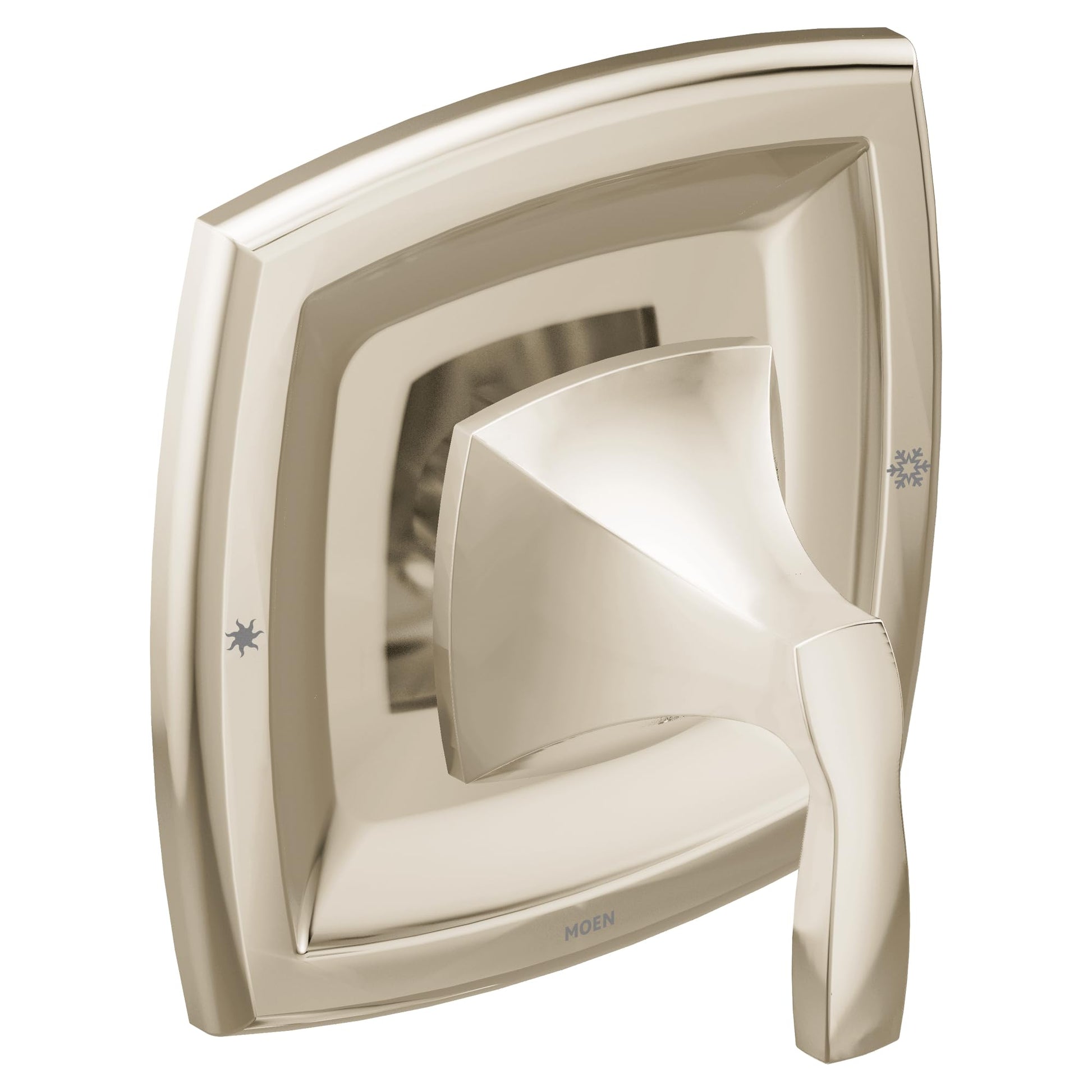 Polished nickel shower valve trim with curved square escutcheon plate and single lever handle.