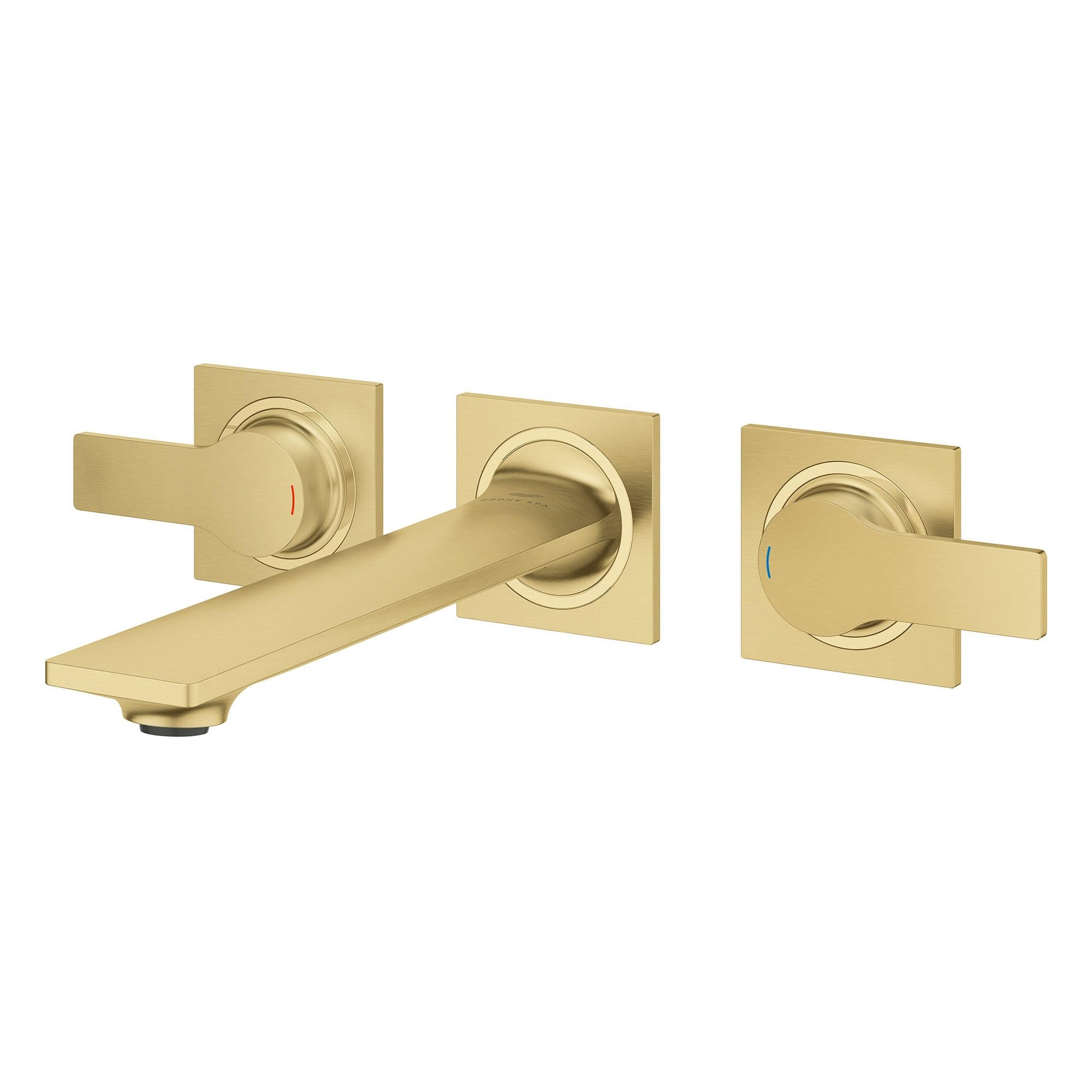 Brushed gold wall-mount faucet with two lever handles and curved spout.
