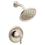 Polished nickel shower trim kit with round showerhead and lever valve control.