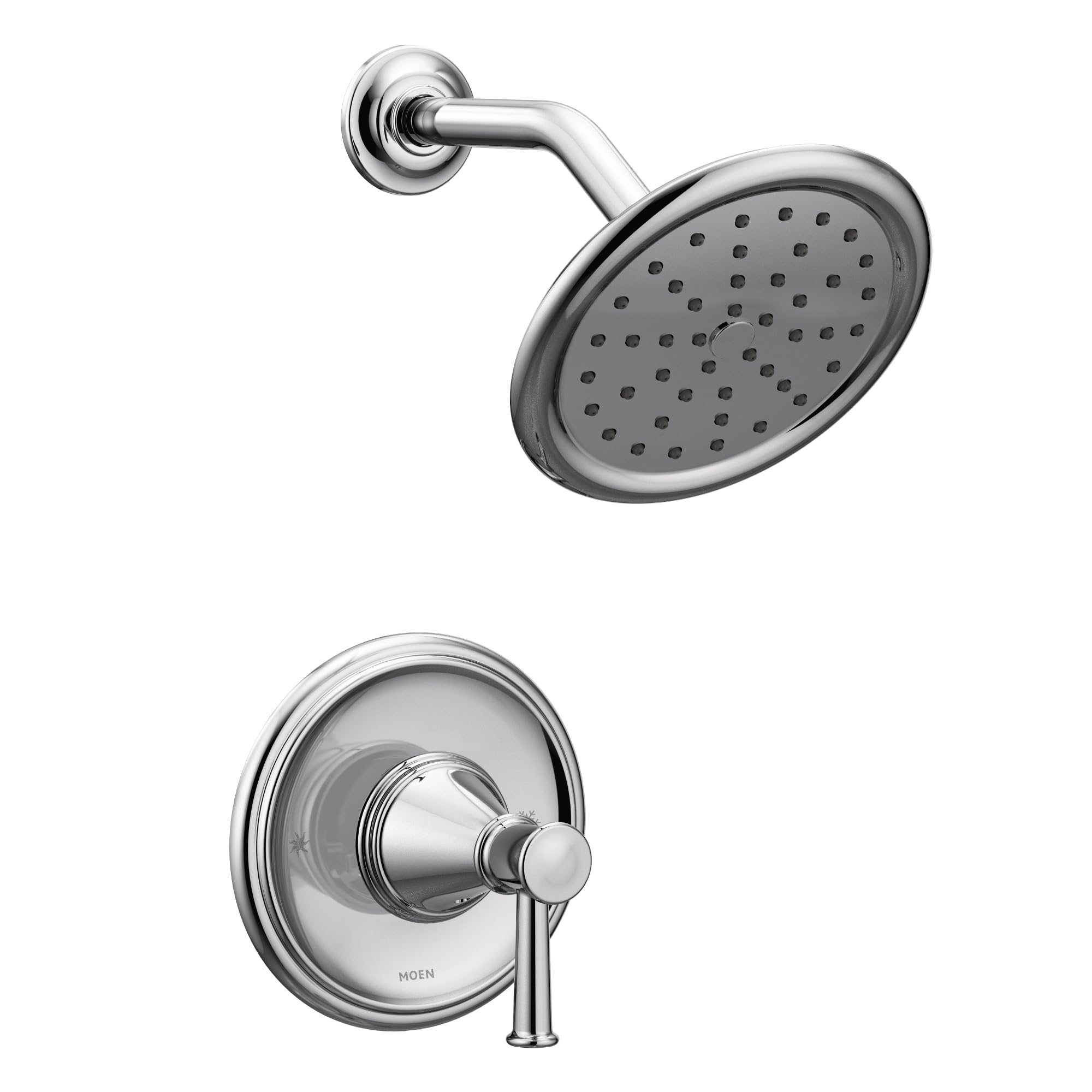 Chrome shower trim kit with round showerhead, curved arm, and single-lever control handle mounted on circular trim plate.