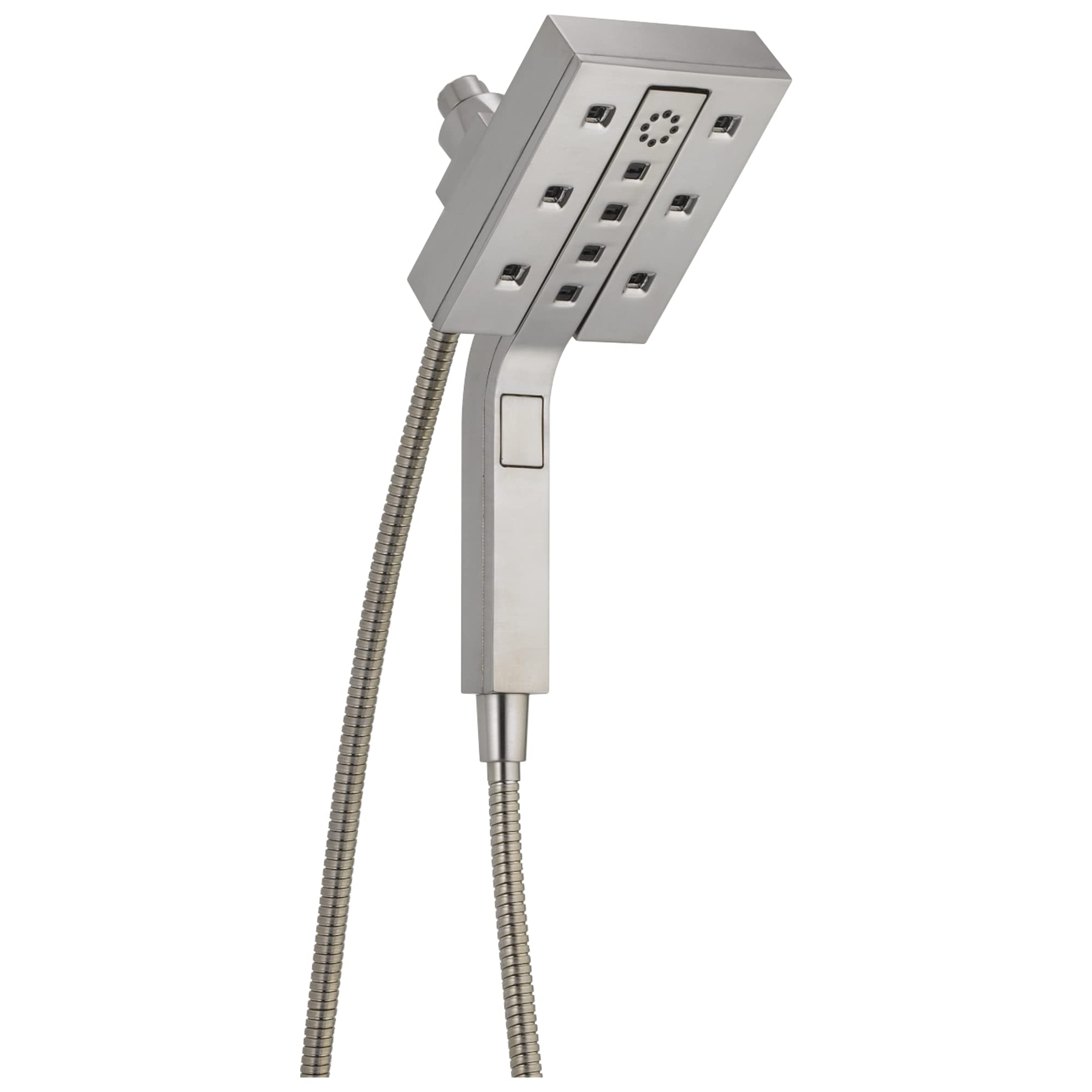 Square chrome shower head with multiple spray jets and handheld shower attachment connected by flexible hoses.