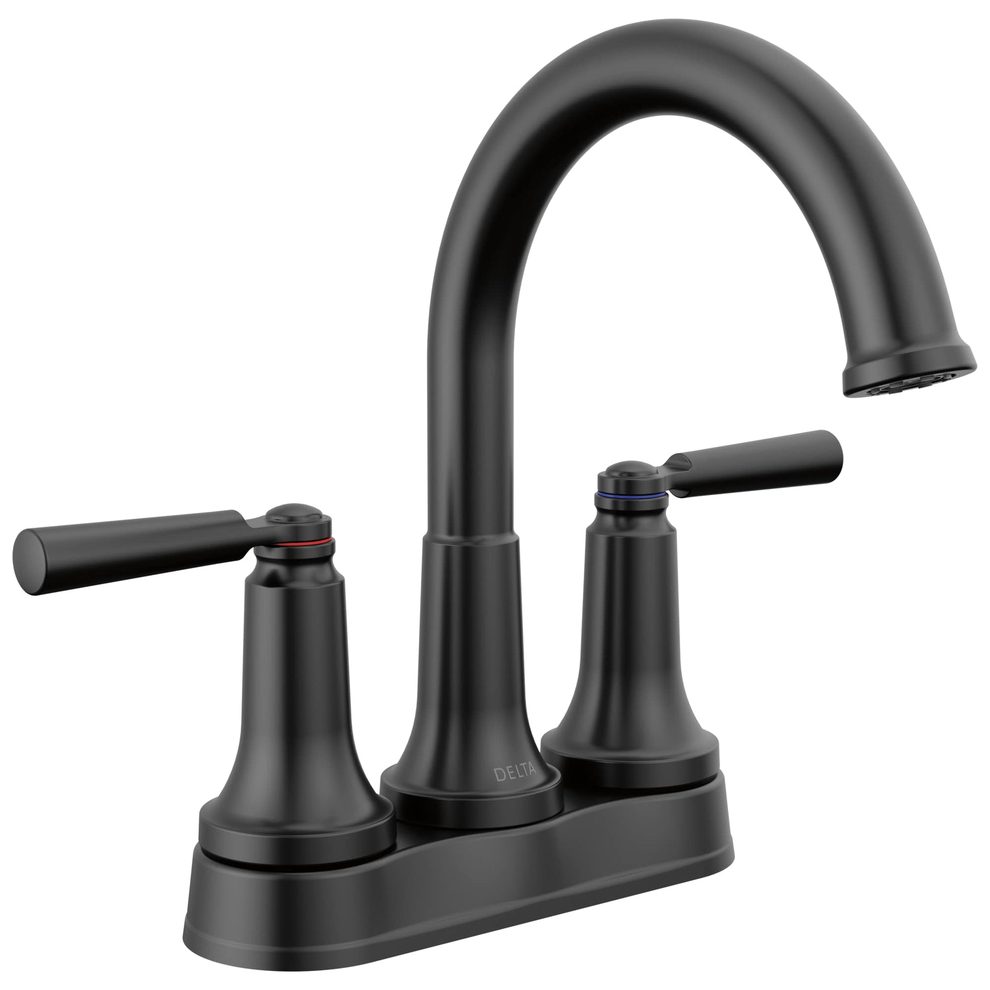 Black two-handle bathroom faucet with curved arc spout and cylindrical lever handles on rectangular base.