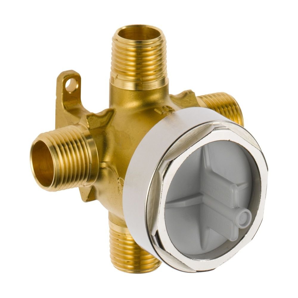 Brass diverter valve with three threaded ports, mounting bracket, and white cartridge housing with chrome trim ring.