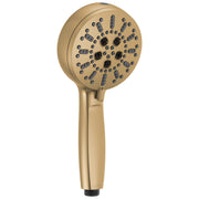 Champagne bronze hand shower head with multiple spray nozzles and grip handle.