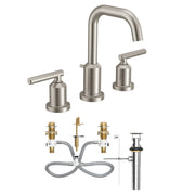 Brushed nickel widespread bathroom faucet with high arc spout, two lever handles, and valve components shown assembled and se