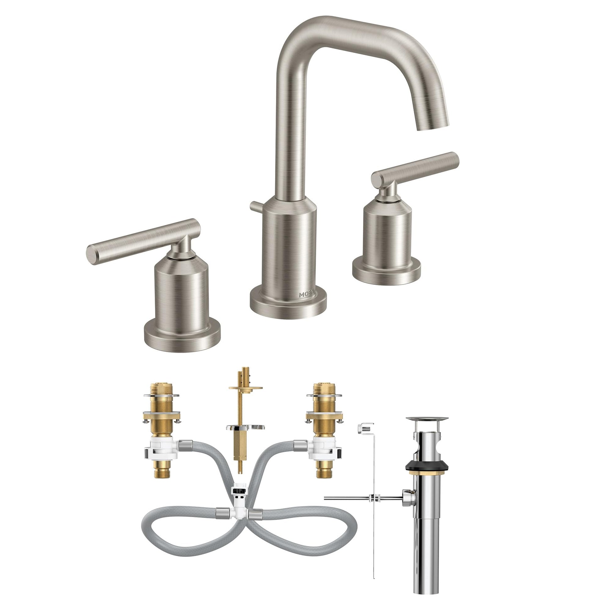Brushed nickel widespread bathroom faucet with high arc spout, two lever handles, and valve components shown assembled and se