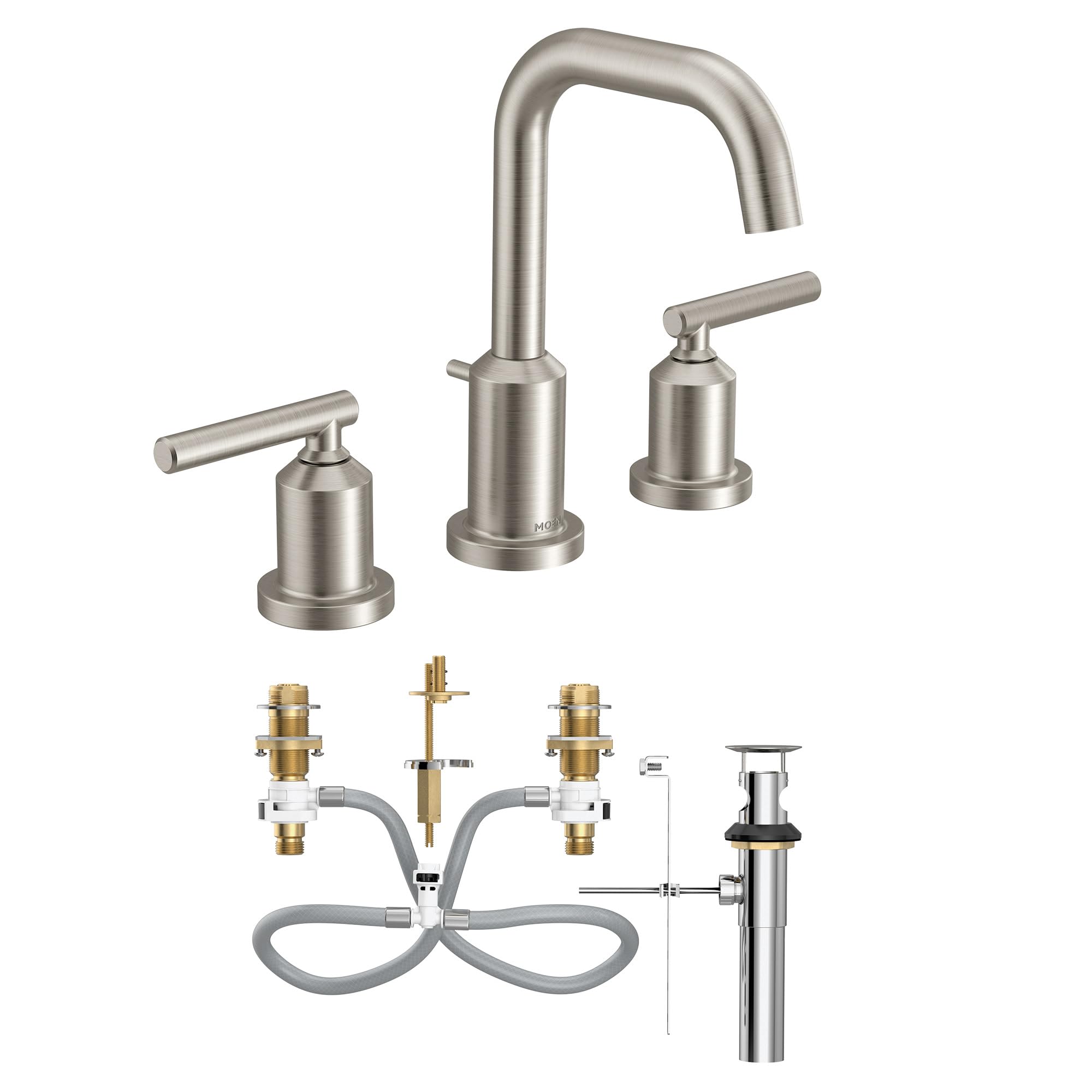 Brushed nickel widespread bathroom faucet with high arc spout, two lever handles, and valve components shown assembled and se