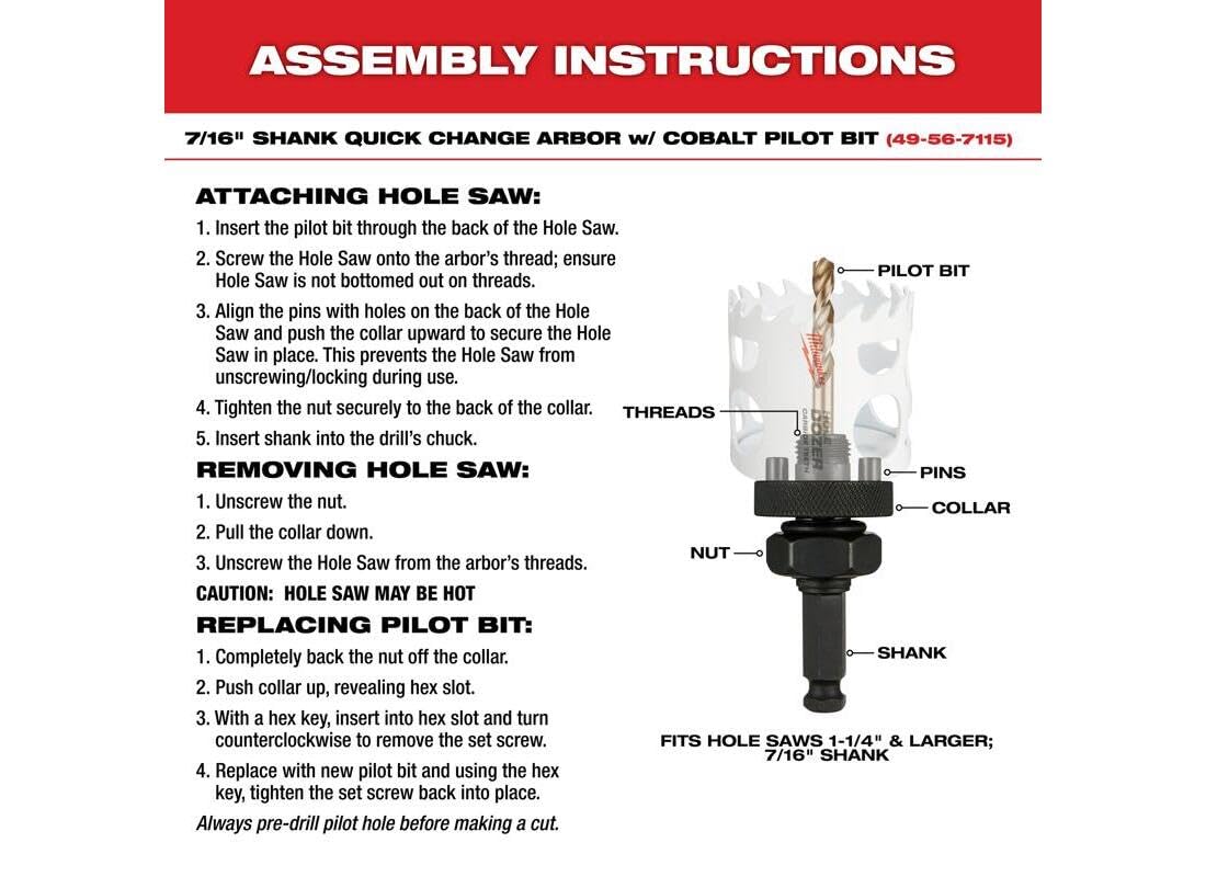 Assembly instructions for Milwaukee hole saw kit showing arbor attachment, removal, and pilot bit replacement procedures.