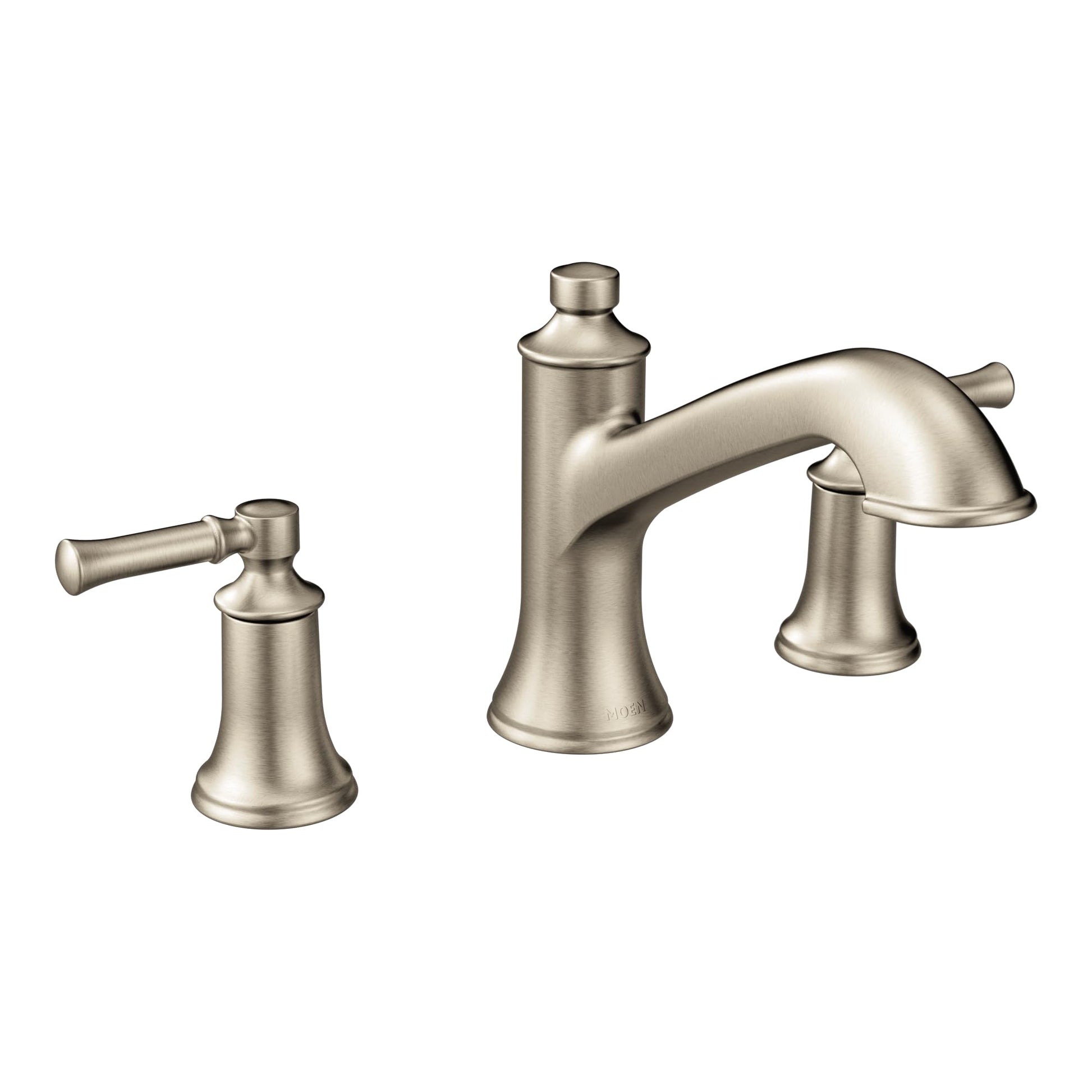 Brushed nickel two-handle high arc tub faucet with lever handles and curved spout.