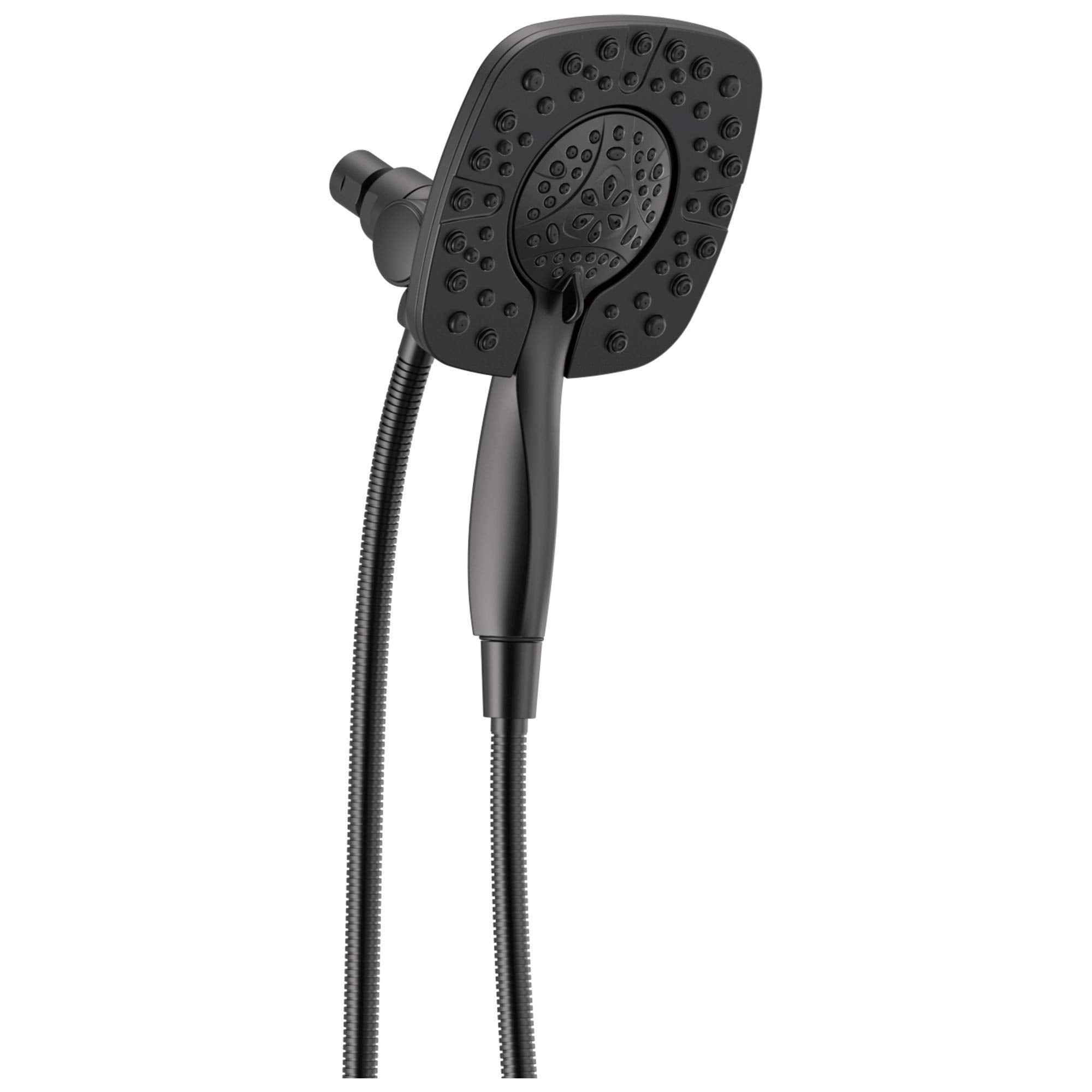 Black square two-in-one shower head with multiple spray holes, handheld component, and flexible hose connection.