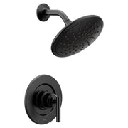 Matte black shower trim kit with round showerhead and wall-mounted control valve with lever handle.