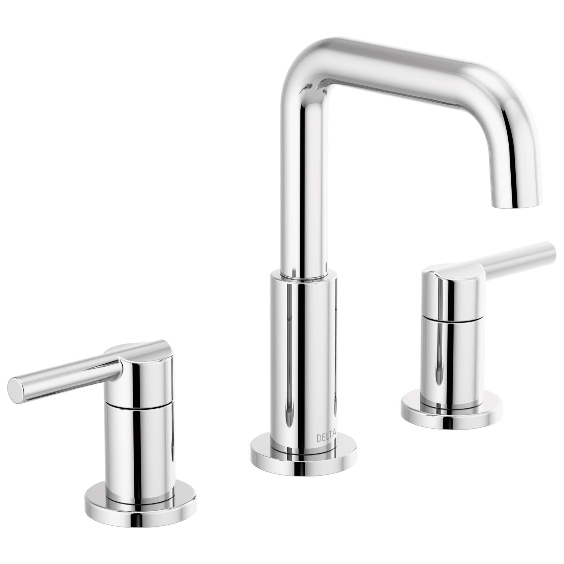 Chrome widespread bathroom faucet with tall curved spout and two lever handles on cylindrical bases.