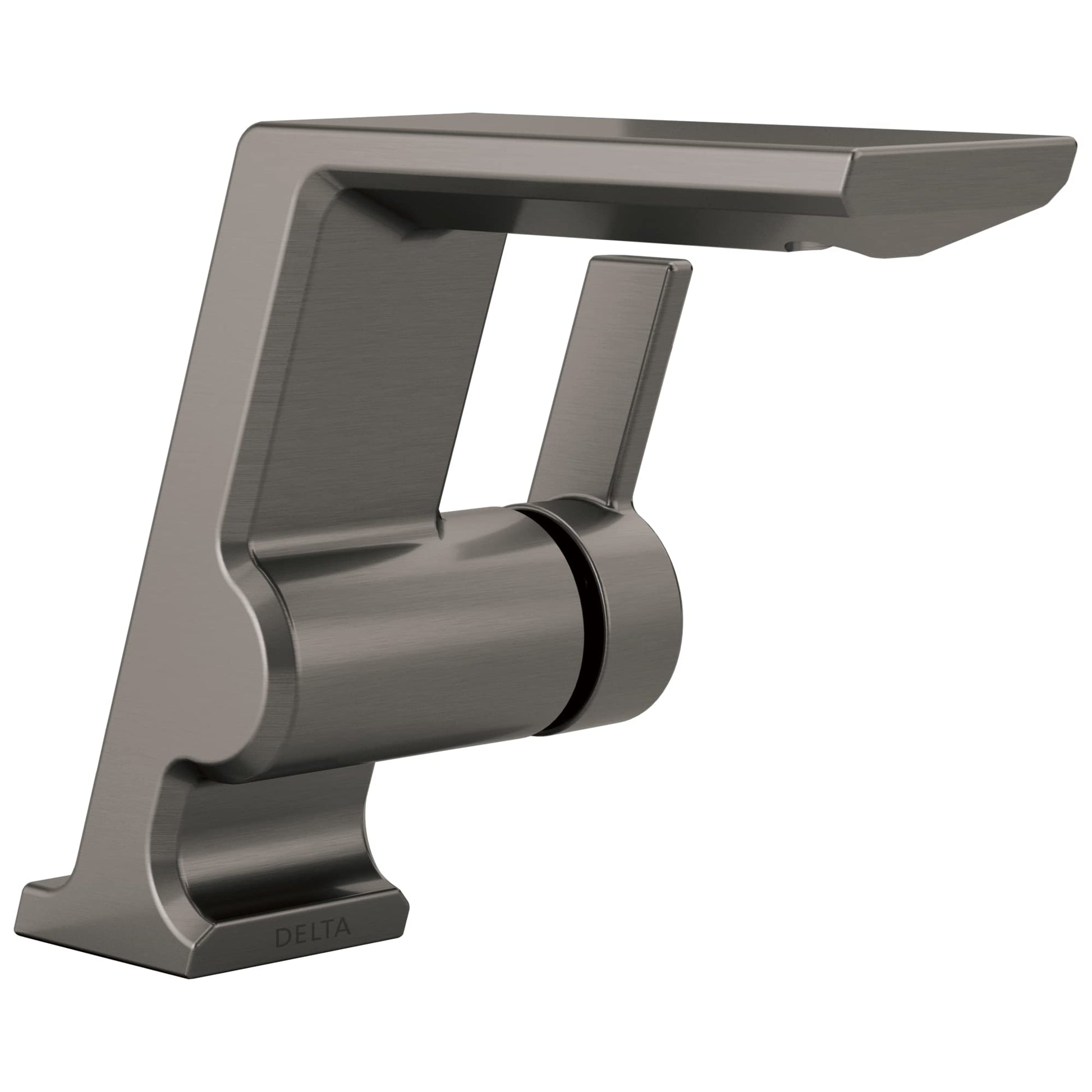 Brushed nickel single-handle bathroom faucet with angular spout and pivot handle design.