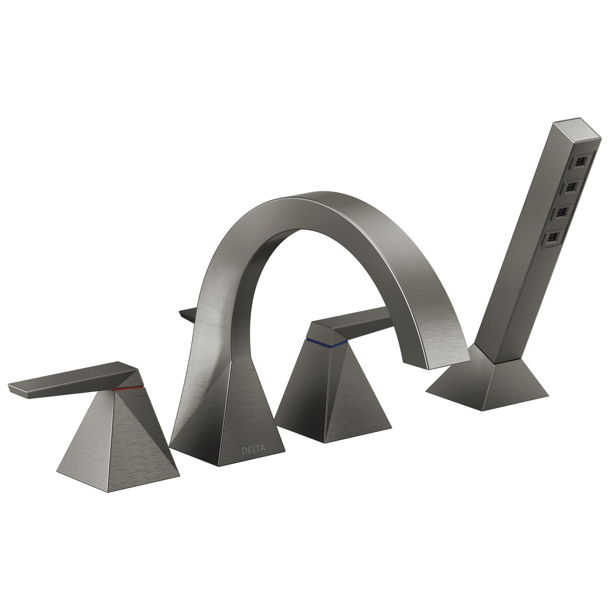 Chrome roman tub faucet with arched spout, two lever handles, and detachable hand shower wand.