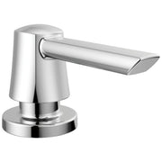 Chrome metal soap dispenser with cylindrical pump body and angled spout on circular base.