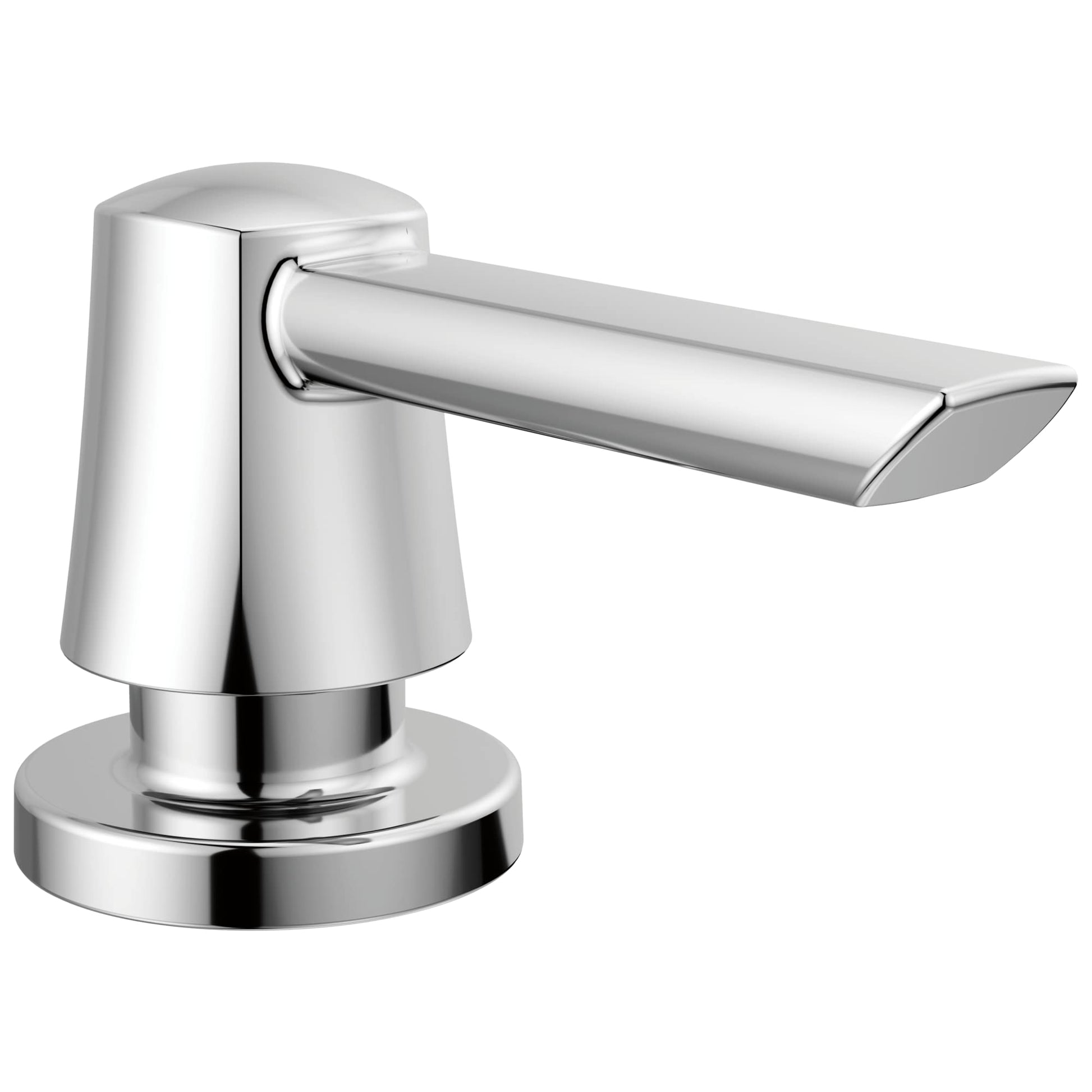 Chrome metal soap dispenser with cylindrical pump body and angled spout on circular base.