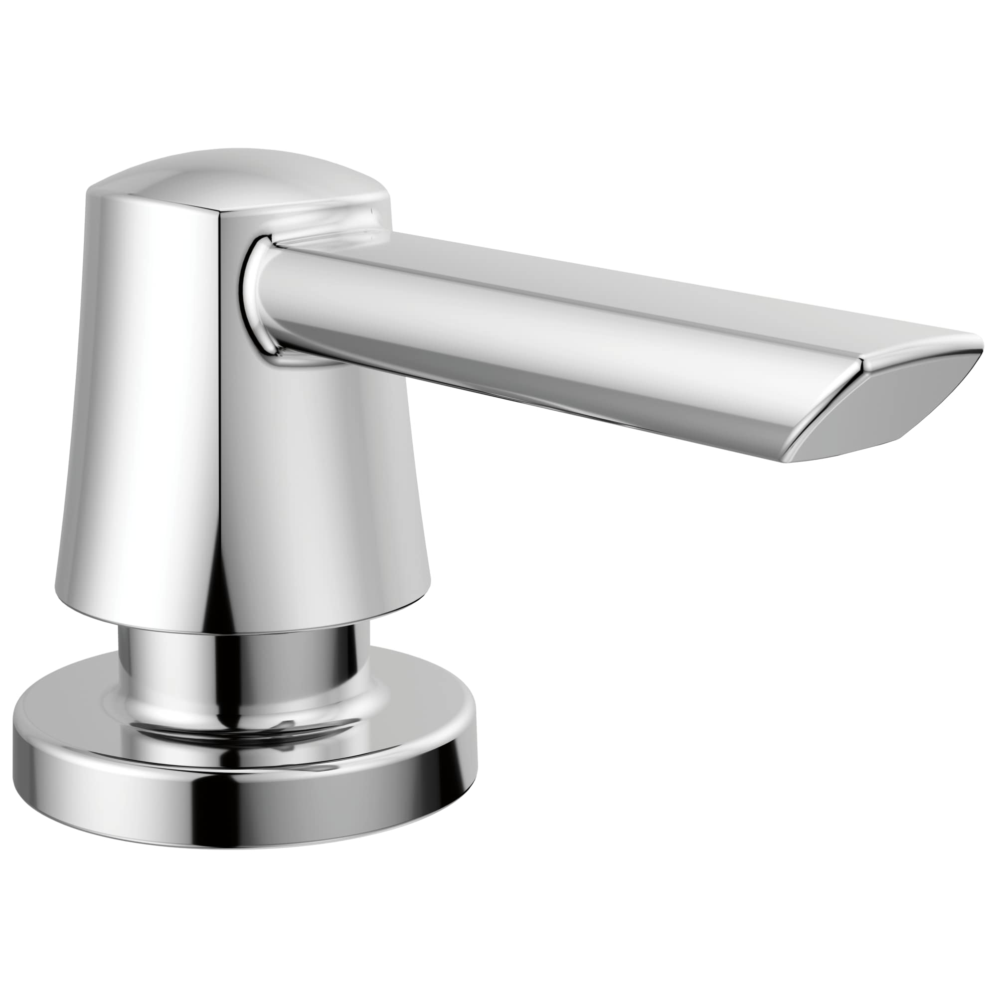 Chrome metal soap dispenser with cylindrical pump body and angled spout on circular base.