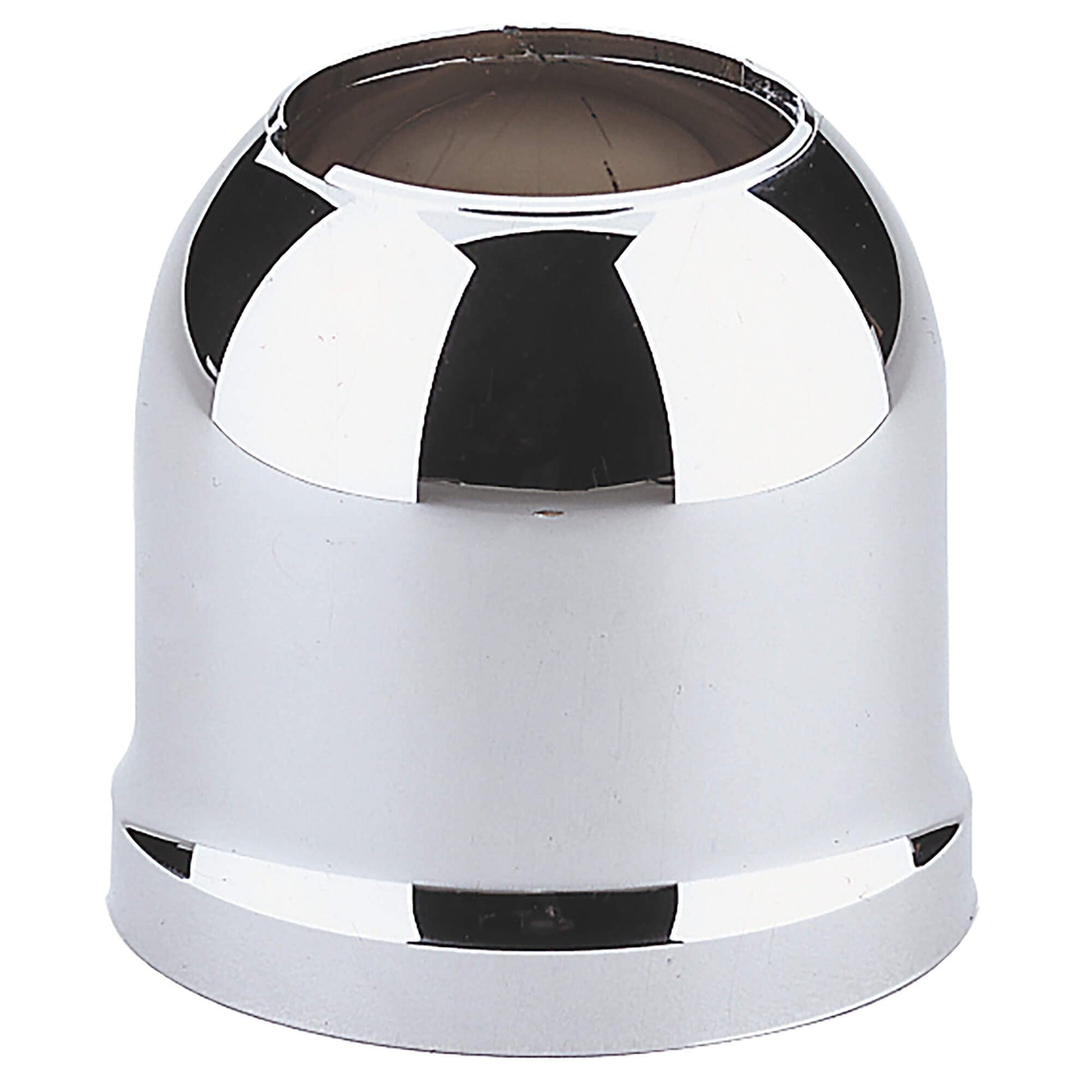Chrome cap with polished and matte finish sections, cylindrical shape with open top, Grohe repair part 01734000.