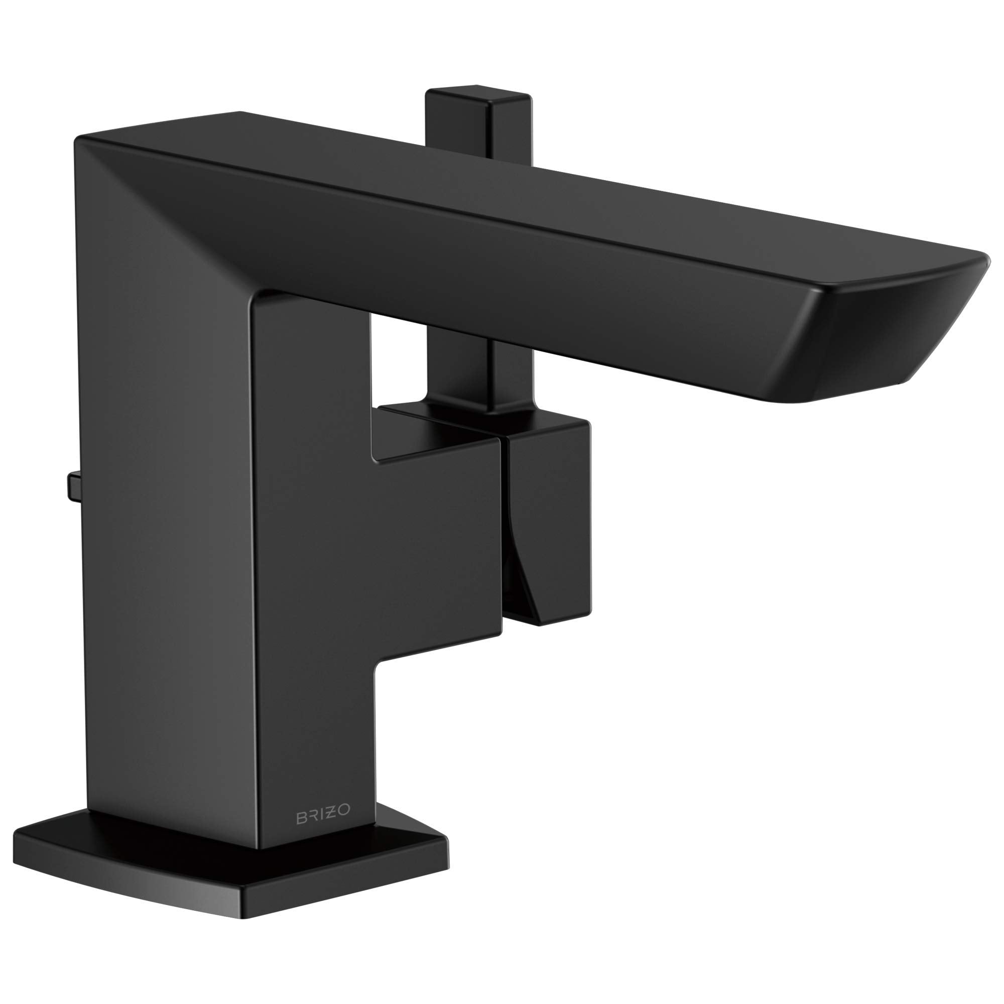 Matte black single-handle bathroom faucet with rectangular spout and geometric base design.