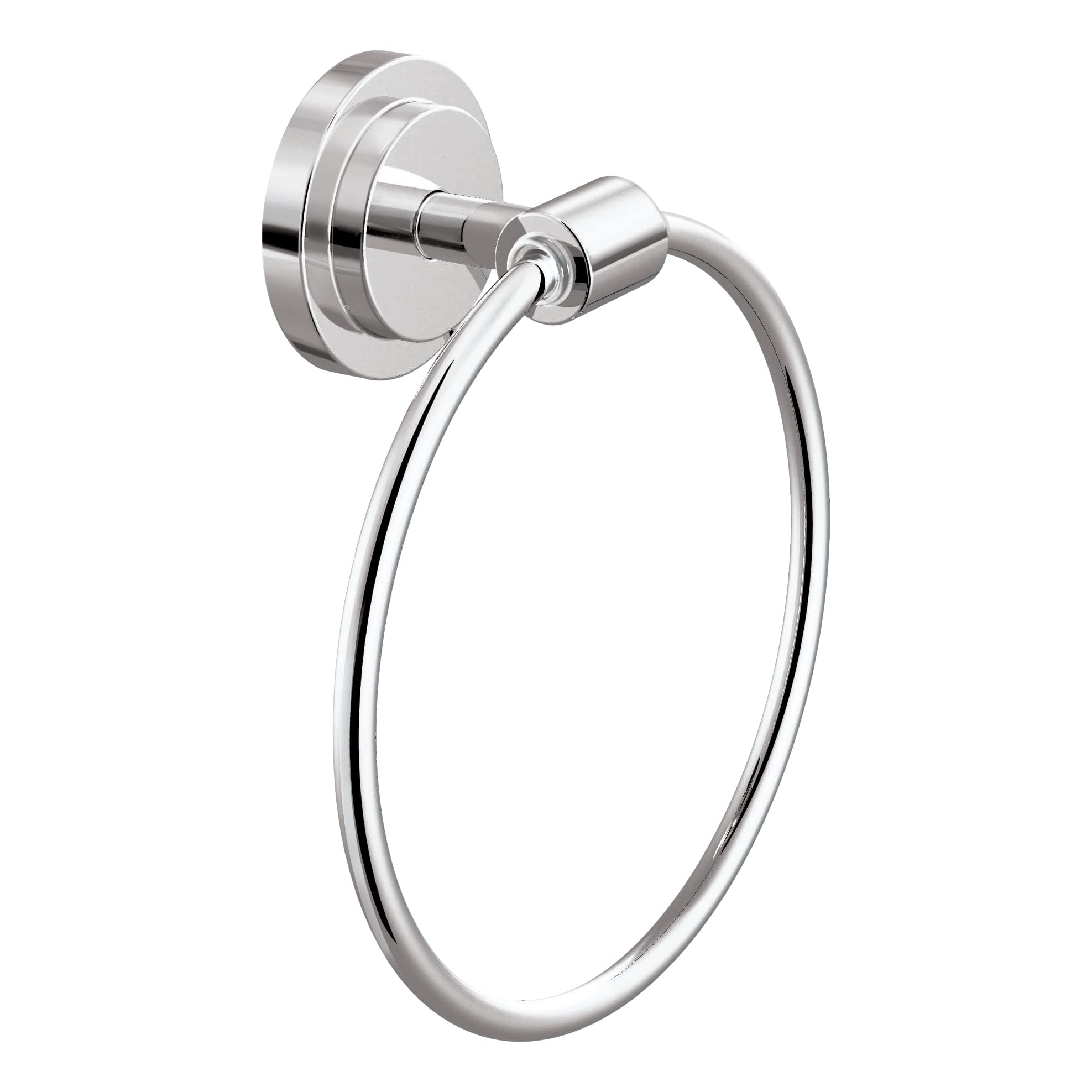 Chrome wall-mount towel ring with circular ring and round mounting plate.