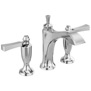 Chrome widespread bathroom faucet with two lever handles, curved spout, and pop-up drain assembly.