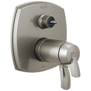 Delta Stryke thermostatic diverter trim in brushed stainless steel with cylindrical valve body and lever handle.