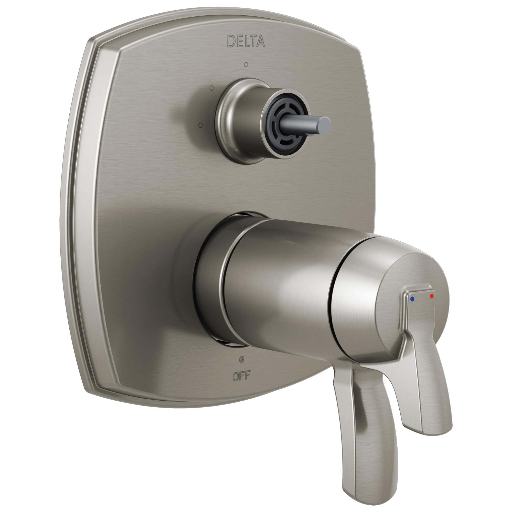 Delta Stryke thermostatic diverter trim in brushed stainless steel with cylindrical valve body and lever handle.