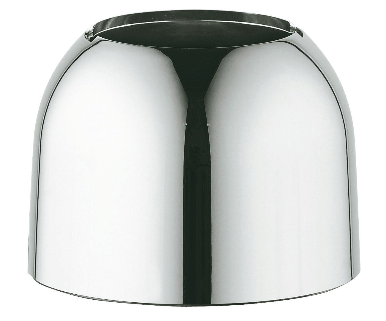 Chrome-finished cylindrical cap with rounded sides and dark rim, front view.