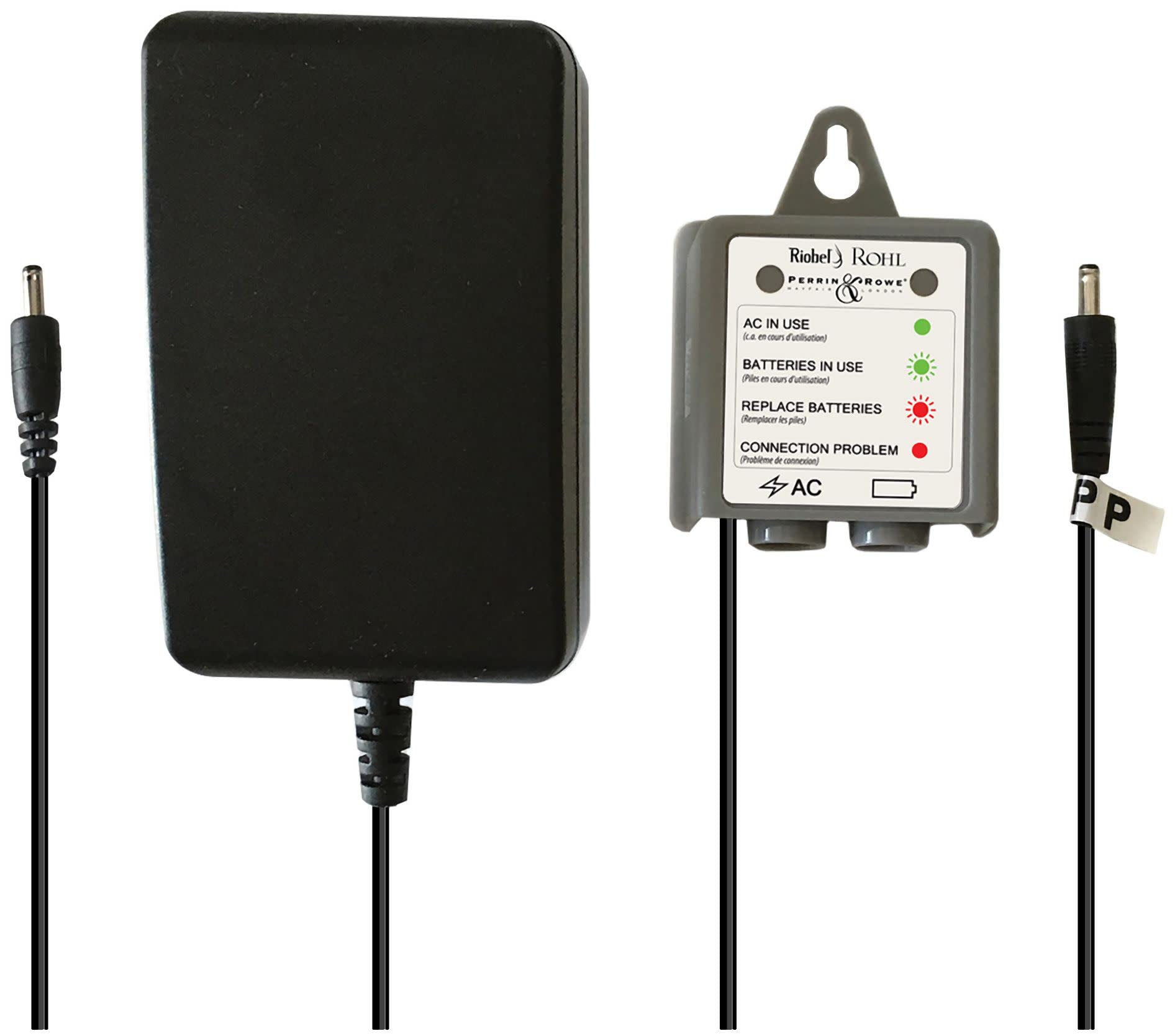 Black rectangular ROHL AC power adapter with cord next to status indicator box displaying AC usage, battery, and connection s