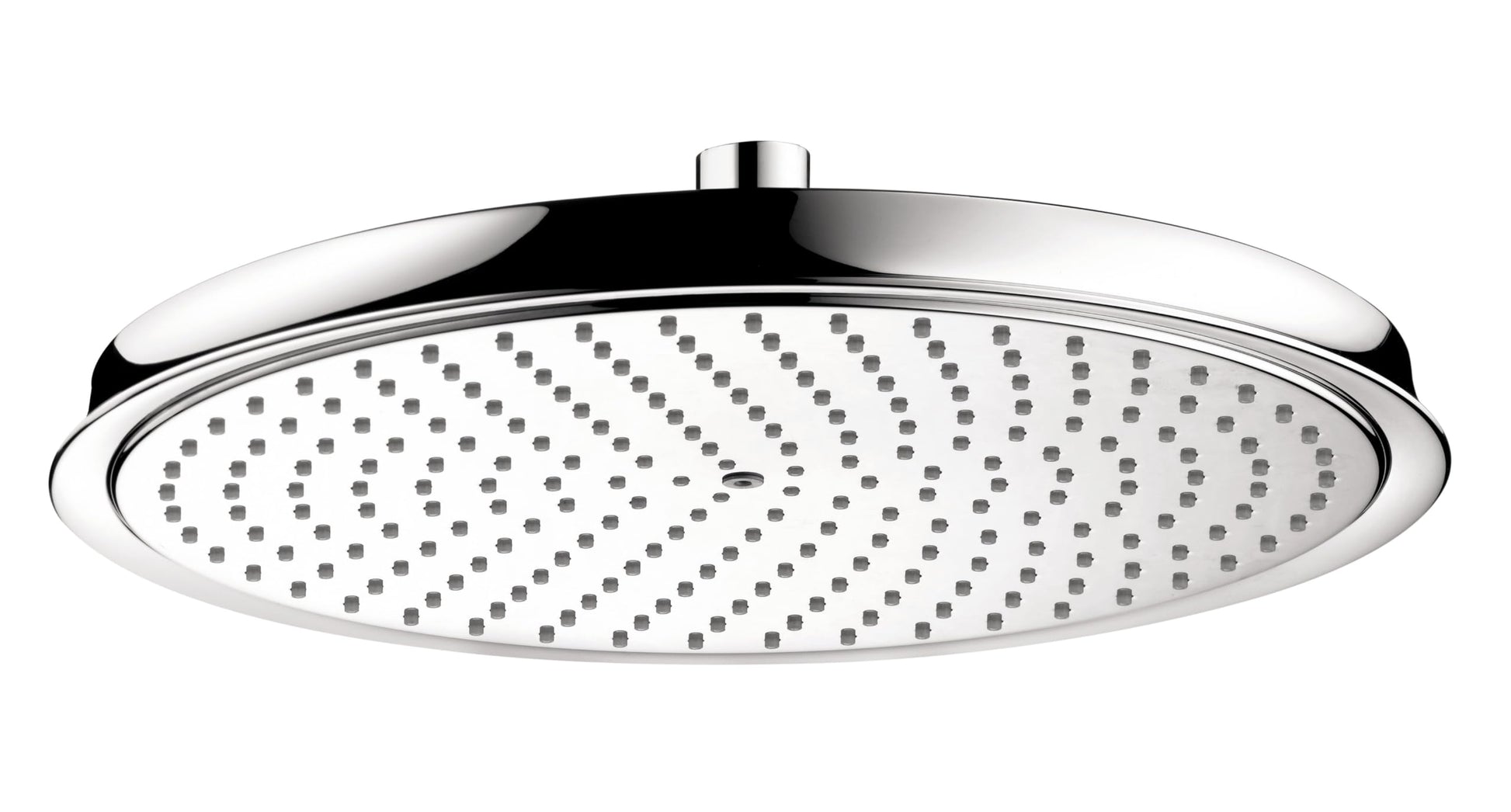 Chrome overhead shower head with perforated round face and cylindrical mounting arm.