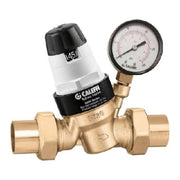 Brass pressure reducing valve with attached pressure gauge and black adjustment knob on top.