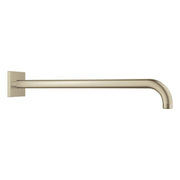 Brushed nickel shower arm with square wall bracket and curved end, 15 inches long.