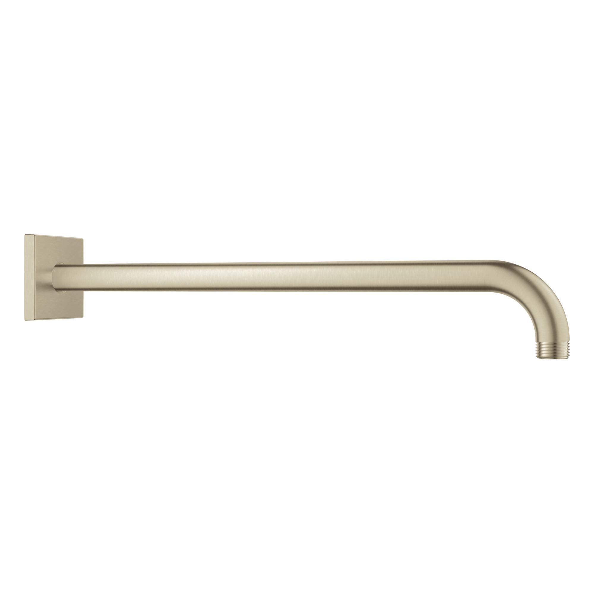 Brushed nickel shower arm with square wall bracket and curved end, 15 inches long.