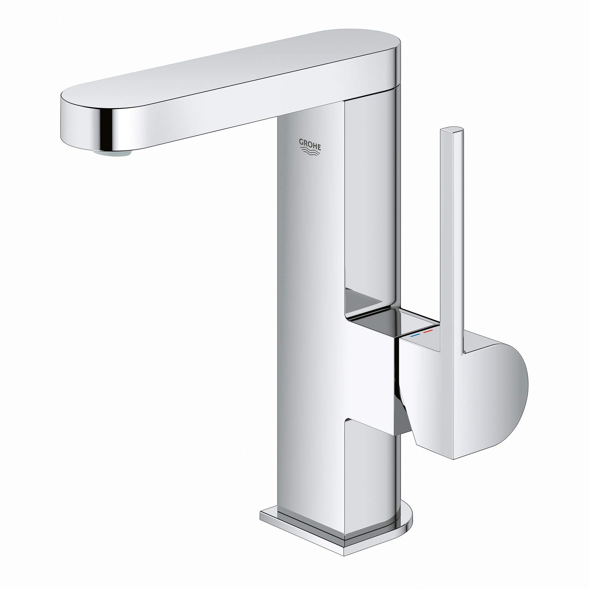 Chrome single-hole bathroom faucet with rectangular spout, tall rectangular body, and single round handle on right side.