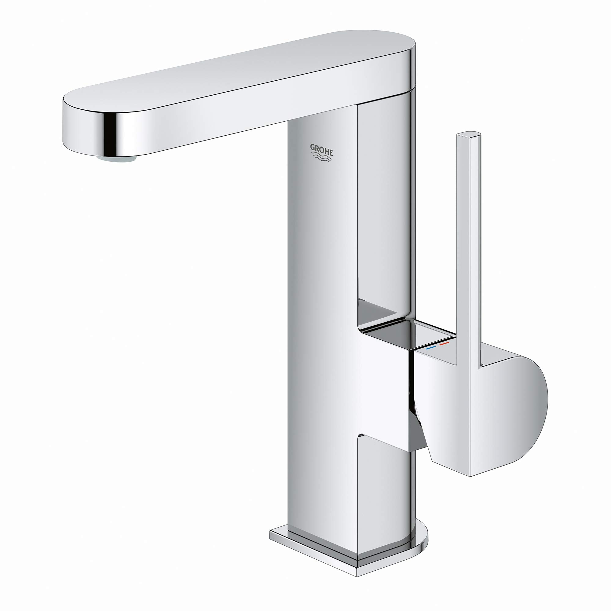Chrome single-hole bathroom faucet with rectangular spout, tall rectangular body, and single round handle on right side.