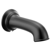 Matte black curved tub spout with decorative collar and angled outlet.