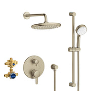 Brushed nickel shower system with overhead rainfall head, handheld showerhead, vertical rail, valve trim, and rough-in cartri