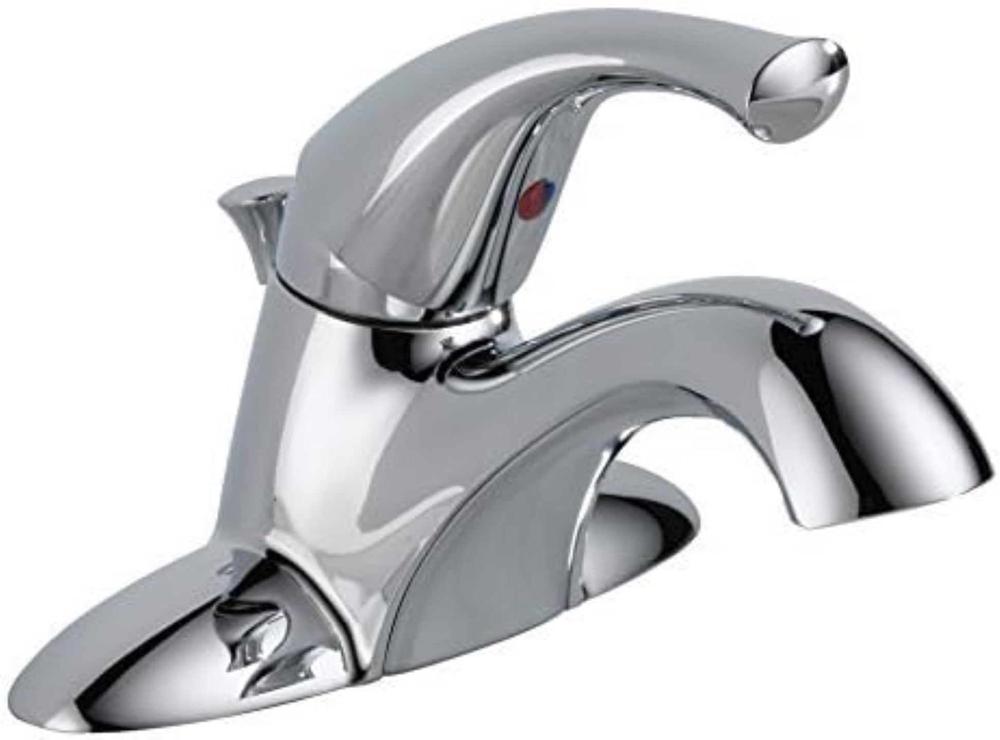 Chrome bathroom faucet with single handle and curved spout mounted on sink deck.