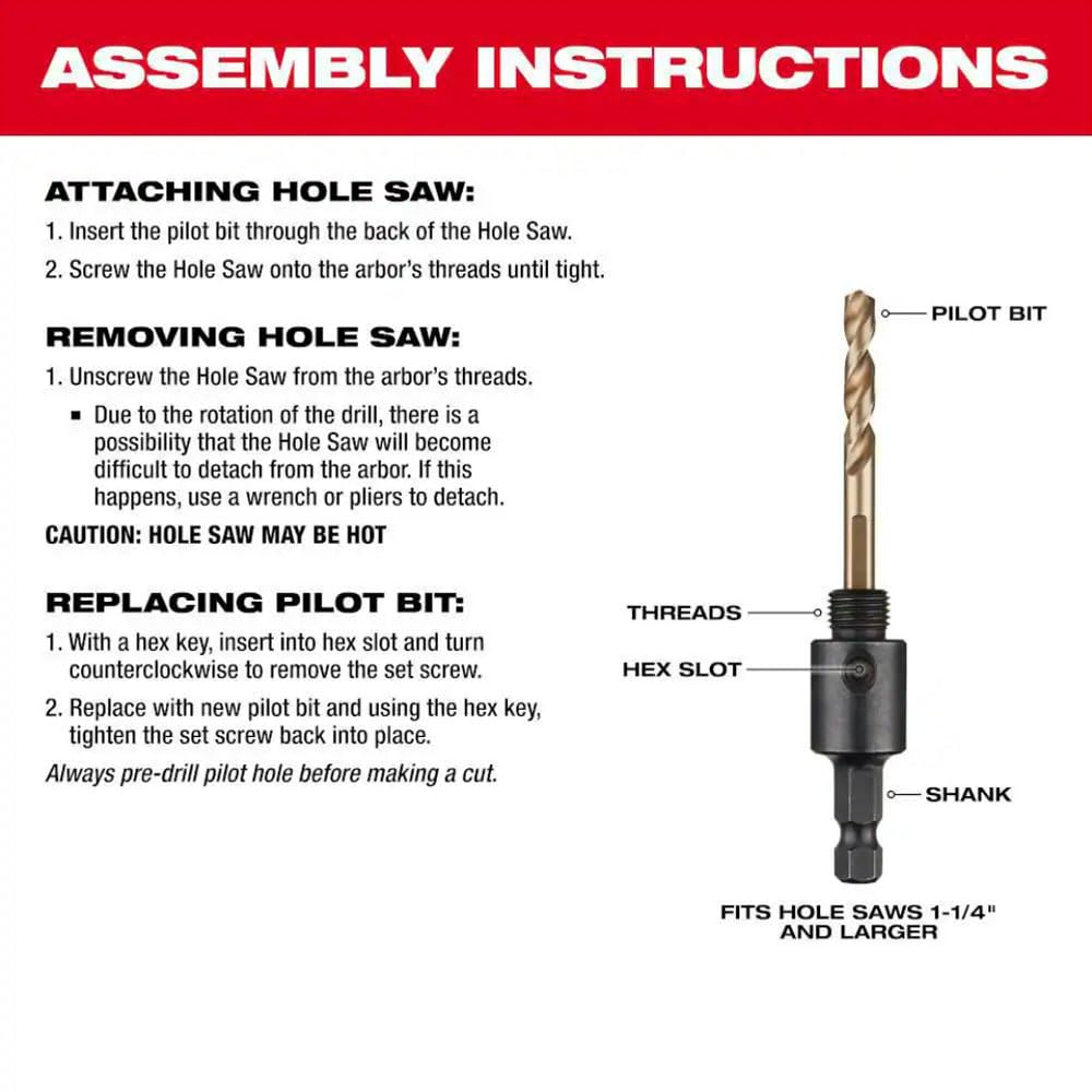 Hole saw arbor with pilot bit, hex slot, and threaded shank for attaching bi-metal hole saws 1-1/4" and larger.