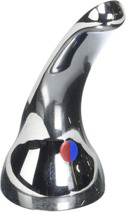 Chrome lever handle kit with curved spout, red and blue temperature indicator, and base mounting bracket.