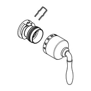 Grohe thermostatic valve cartridge assembly with chrome lever handle and mounting clips shown separately.