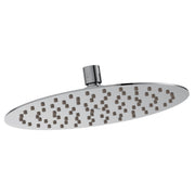 Chrome rainshower head with thin oval face and multiple spray outlets, mounted on cylindrical arm.